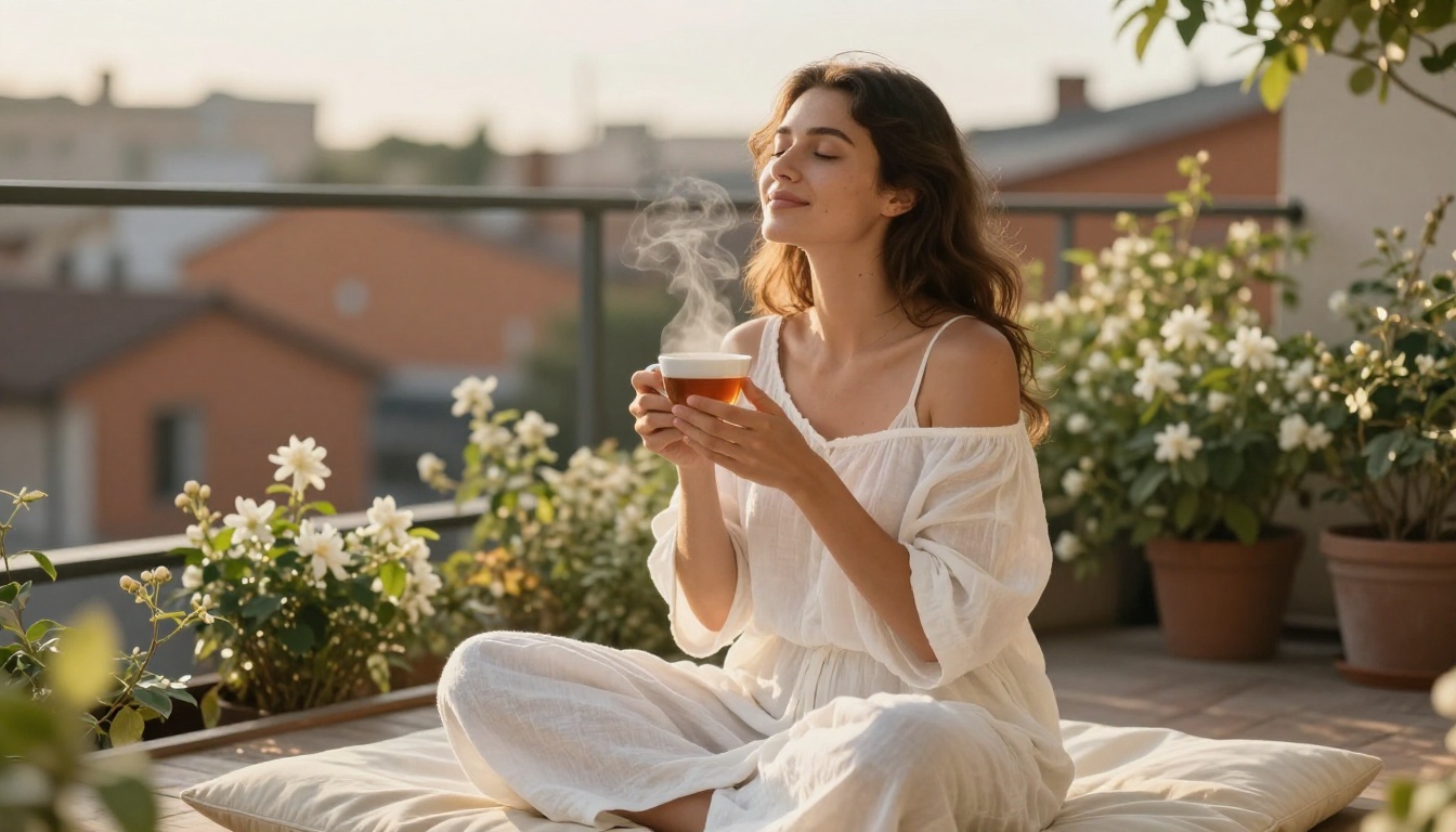 Beautiful woman seated on balcony with morning tea, serene expression in warm golden sunlight Beautiful woman seated on balcony with morning tea, serene expression in warm golden sunlight