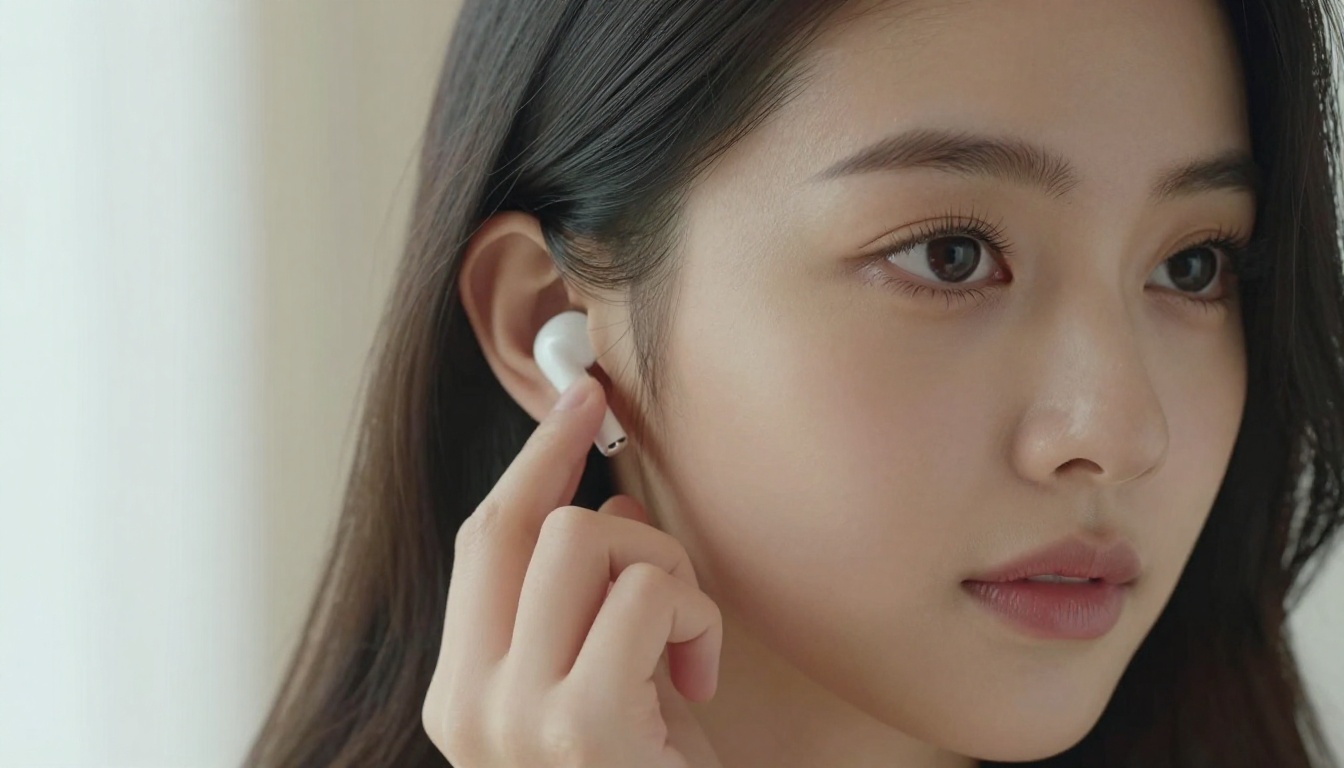 East Asian woman with large luminous dark eyes holding a wireless earbud near her ear, early morning diffused window light, serene expression, Nikon Z9 85mm f/1.2, Kodak Portra 400