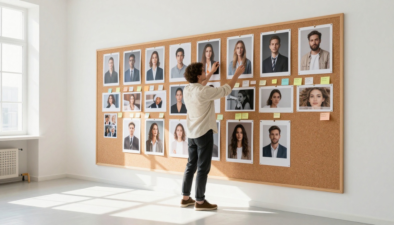 Creative director pinning AI-generated art prints to a mood board wall in a bright modern studio
