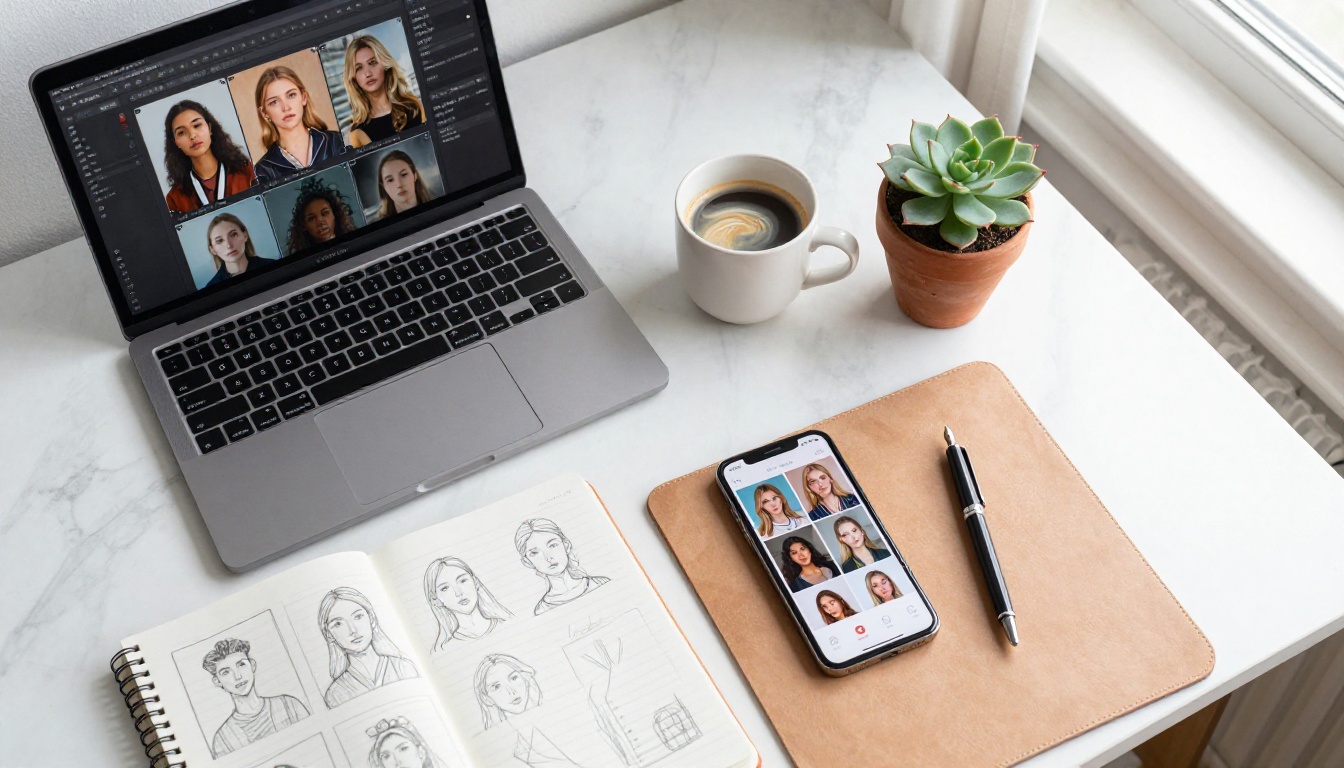 Minimalist flat-lay workspace with open laptop, design notebook, coffee cup, and smartphone on white marble