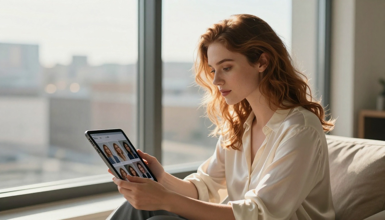 Woman holding tablet showing AI-generated portrait gallery beside a large window with soft backlight