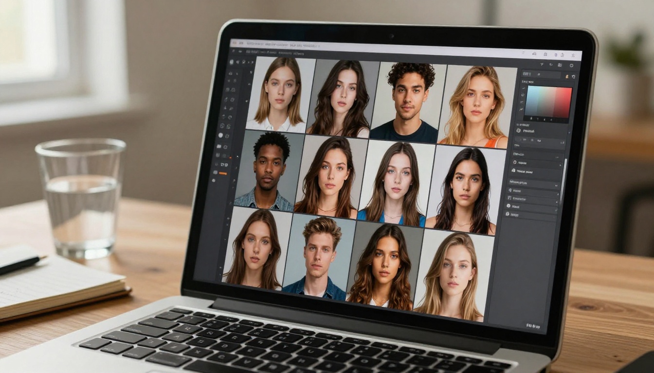 Close-up of a laptop screen showing a 3x3 grid of AI-generated photorealistic portrait images