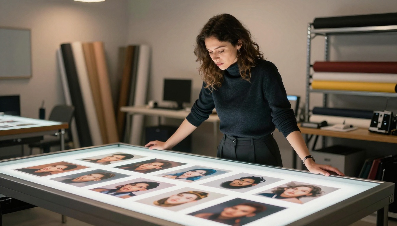 Professional woman at a glass light table reviewing printed AI-generated photographs in a photography studio