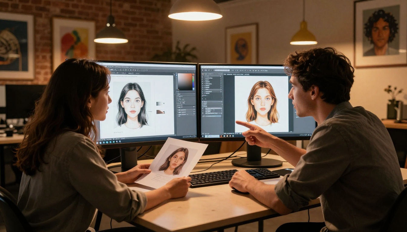 Two creative professionals discussing AI image results together at a collaborative desk with dual monitors