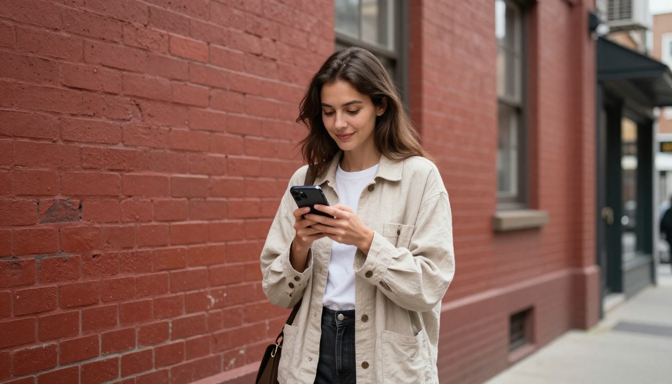 Young woman on an urban sidewalk checking her smartphone in front of a weathered red brick building wall