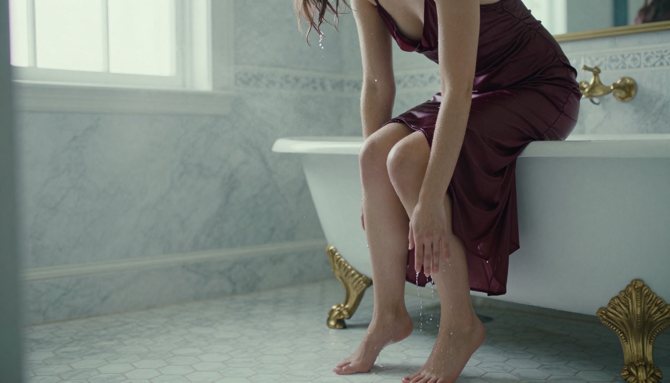 Woman stepping from clawfoot bathtub in burgundy satin dress, marble bathroom, diffused north window light