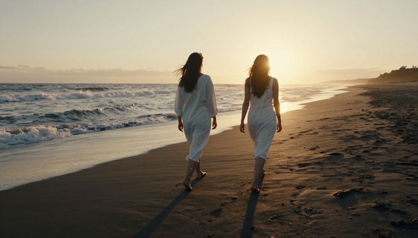 Two women in coordinating white linen beach cover-ups walking on black sand beach, golden hour backlight, knee-level wide angle