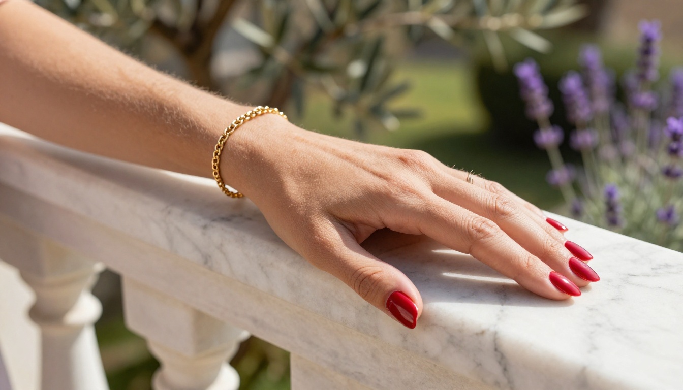Close-up of woman's hand with gold chain bracelet on sun-warmed marble balcony railing, Mediterranean lavender bokeh, 105mm macro