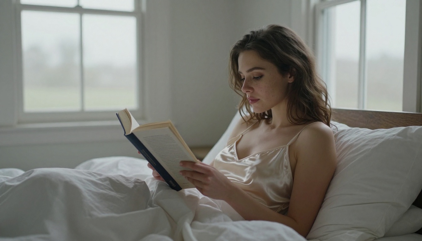 Woman in ivory silk camisole reading on king-size bed, overcast morning light from twin windows, hyper-realistic skin detail