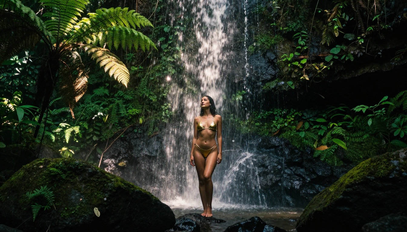 Woman in gold metallic bikini at cascading tropical waterfall, crepuscular rays through jungle canopy, moss-covered boulders in deep shadow