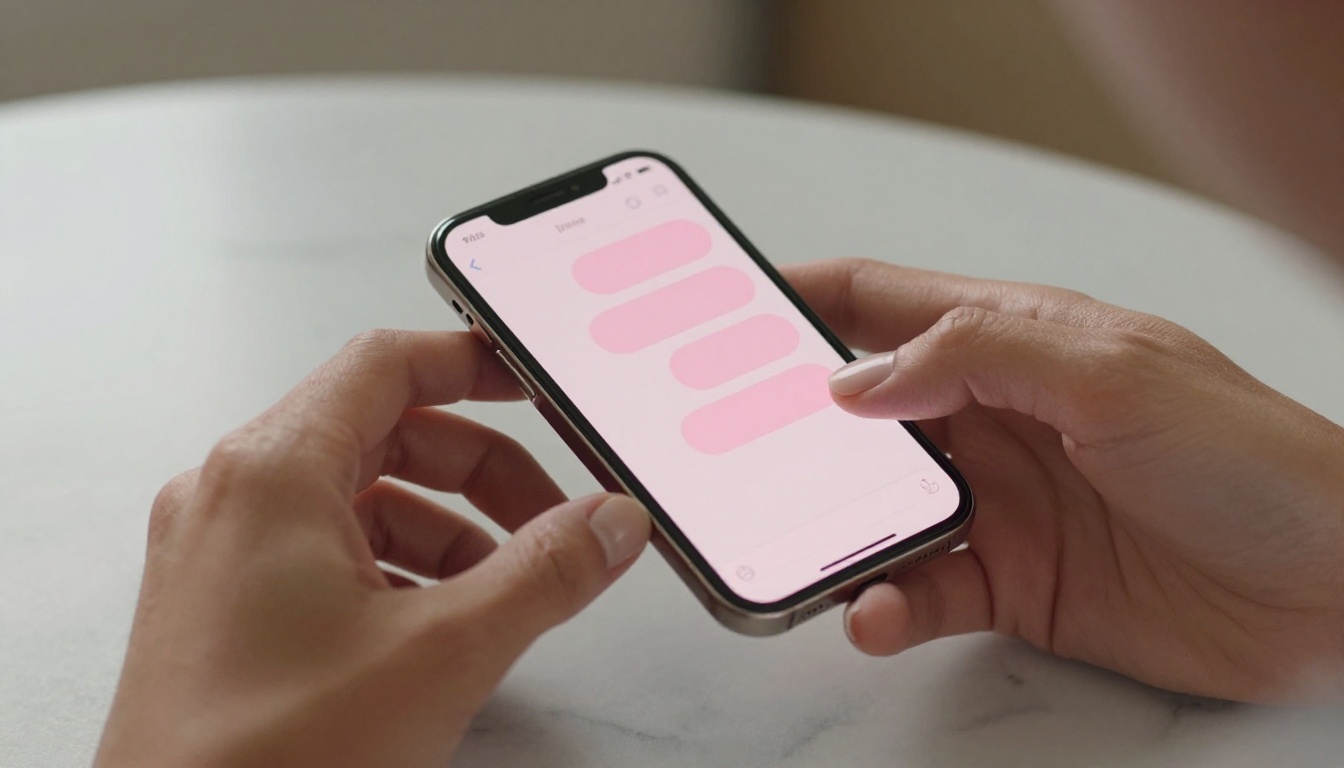 Close-up of hands holding a smartphone showing warm chat bubbles