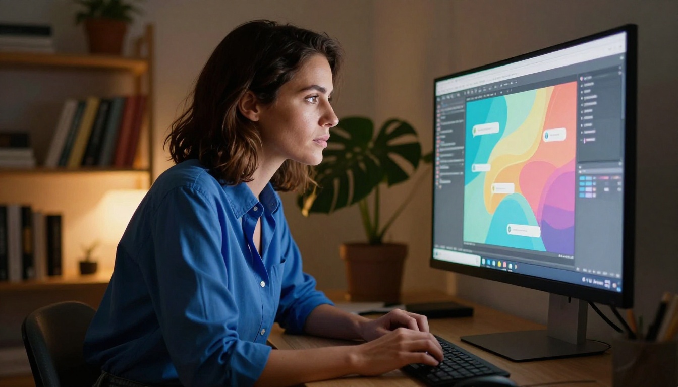 Brunette woman at minimalist desk with warm desk-lamp light facing monitor