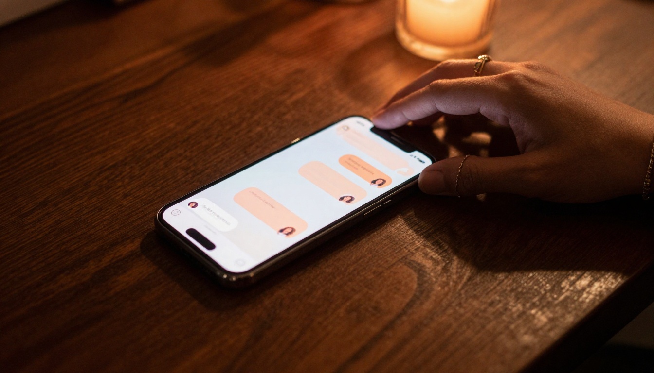 Atmospheric overhead shot of glowing smartphone with soft chat bubbles on walnut table