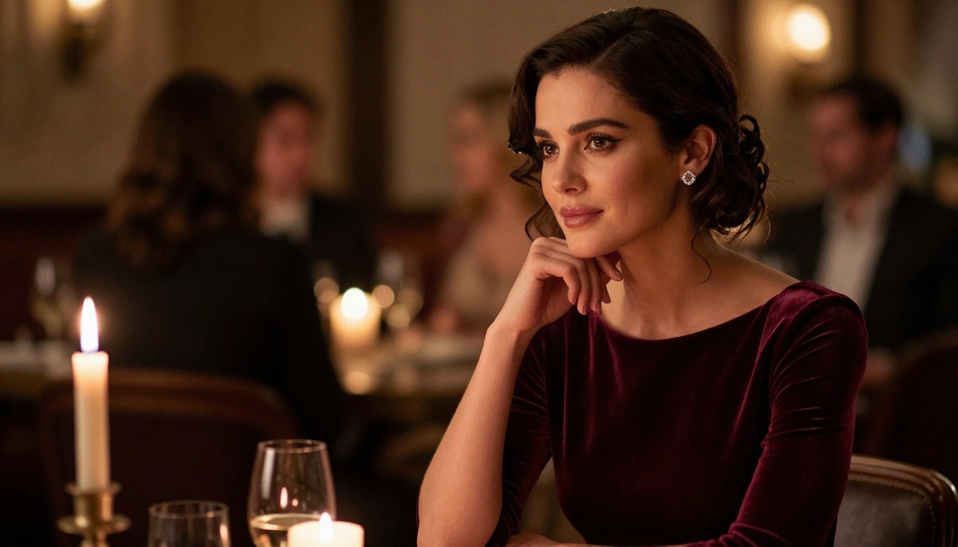 Elegant woman in deep burgundy velvet dress at a warm candlelit restaurant table