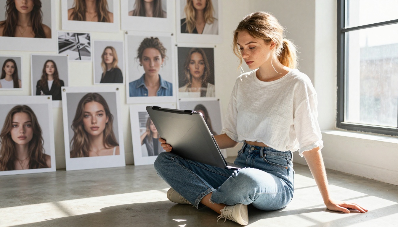 Young creative woman holding drawing tablet with AI-generated portrait on screen in sunlit studio