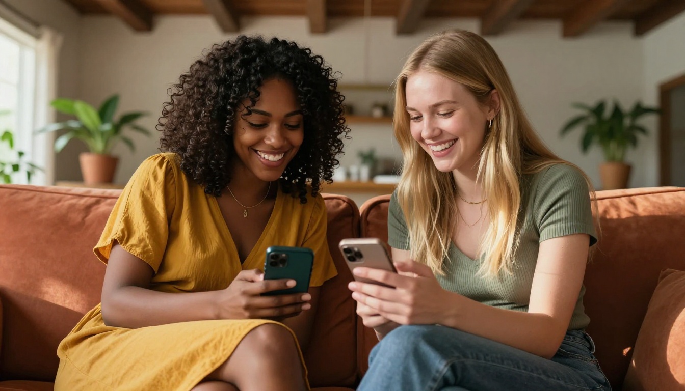 Two women laughing together over a shared phone on a warm terracotta couch