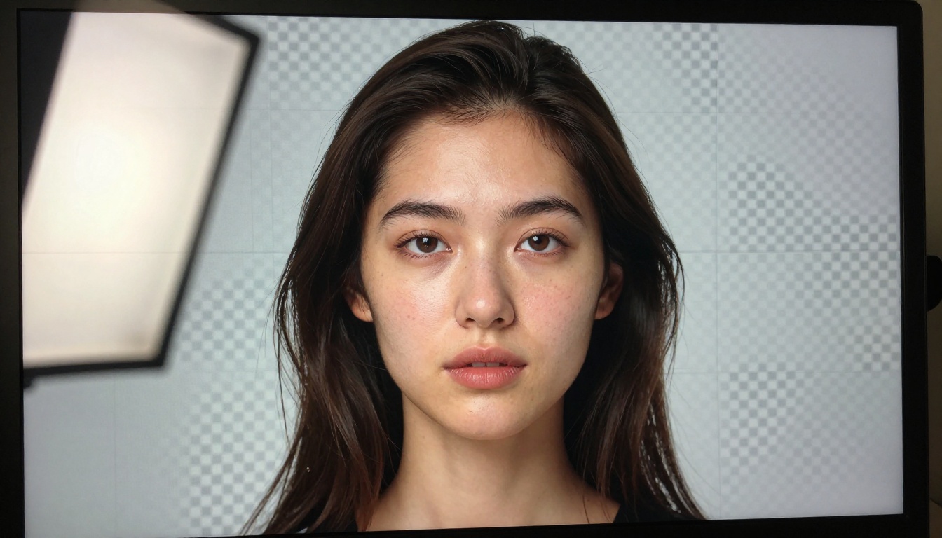 Close-up of an AI-generated portrait perfectly cut out on a transparent checkerboard background showing fine hair detail preservation Close-up of an AI-generated portrait perfectly cut out on a transparent checkerboard background showing fine hair detail preservation