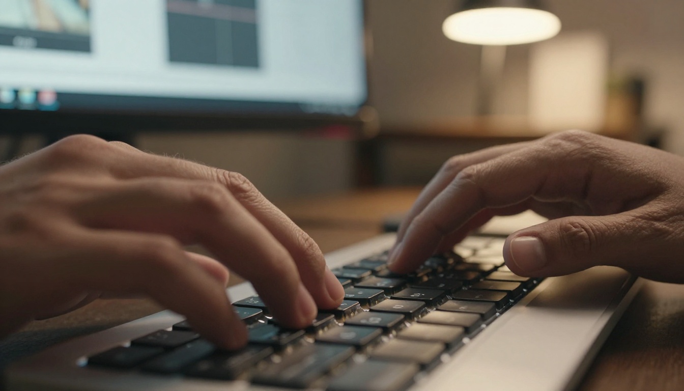 Creative professional's hands on keyboard working with a design application on dual monitors Creative professional's hands on keyboard working with a design application on dual monitors