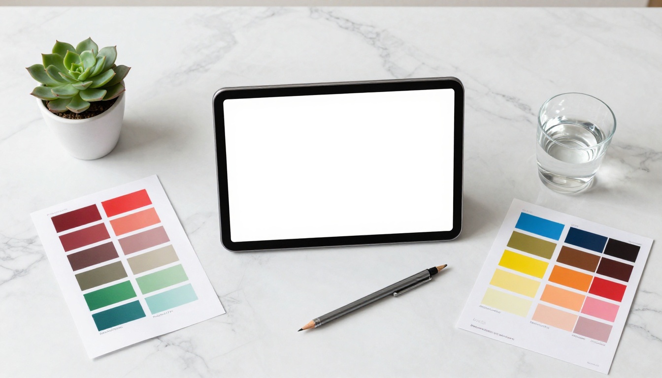 Aerial flat-lay view of a creative workspace with tablet showing a product cutout surrounded by design tools on a white marble desk Aerial flat-lay view of a creative workspace with tablet showing a product cutout surrounded by design tools on a white marble desk