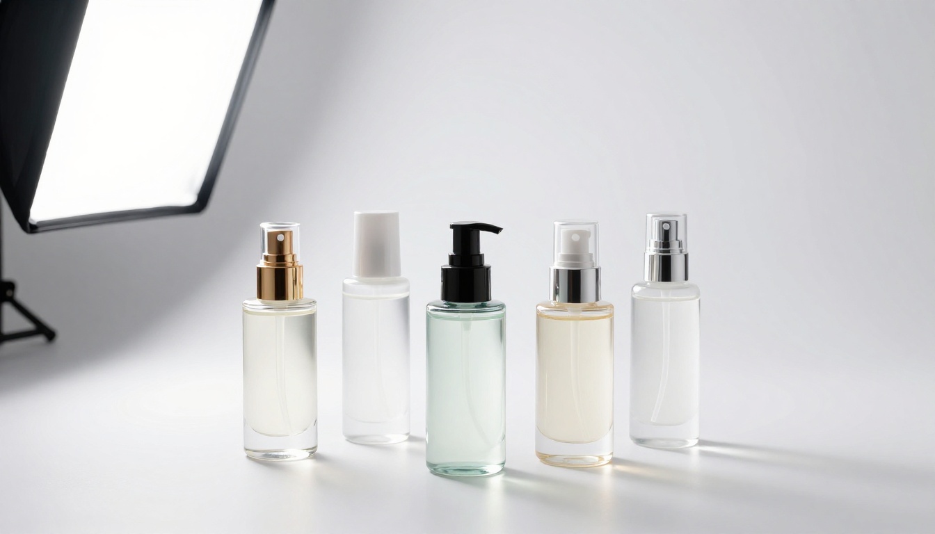 Five AI-rendered cosmetic product bottles arranged for product photography with transparent backgrounds showing clean alpha channels Five AI-rendered cosmetic product bottles arranged for product photography with transparent backgrounds showing clean alpha channels