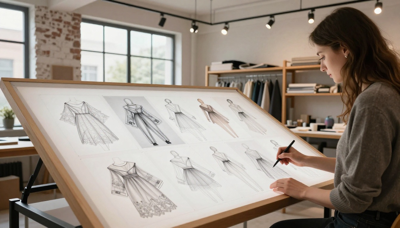 Fashion designer reviewing AI-rendered garment cutouts on a large light table in a modern atelier studio with preserved fine fabric edges Fashion designer reviewing AI-rendered garment cutouts on a large light table in a modern atelier studio with preserved fine fabric edges