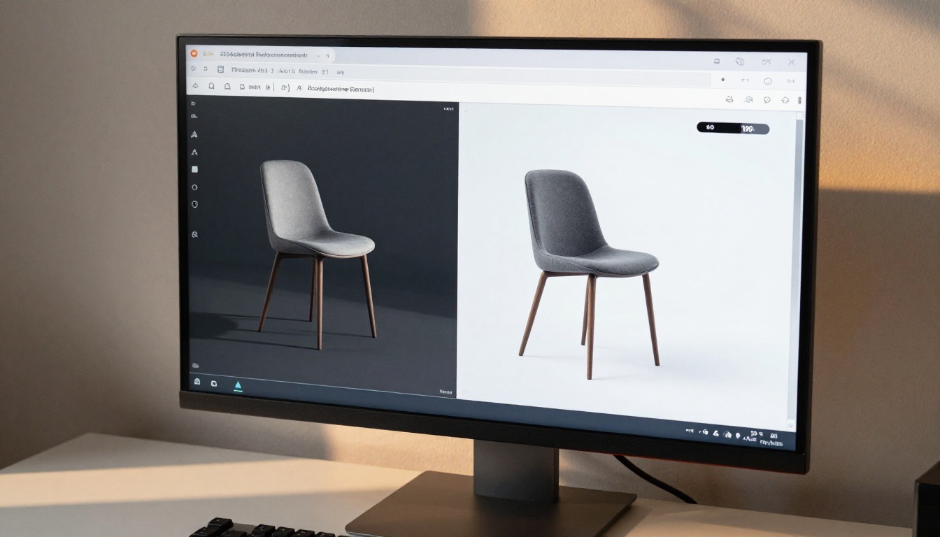 Monitor displaying an AI background removal tool interface with an architectural chair render being isolated on a transparent background Monitor displaying an AI background removal tool interface with an architectural chair render being isolated on a transparent background