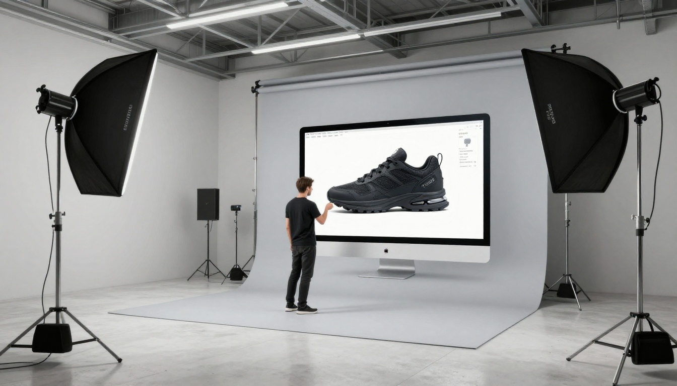 Wide shot of a modern e-commerce studio with AI-rendered product images being prepared for background removal with a large display showing transparent PNG exports Wide shot of a modern e-commerce studio with AI-rendered product images being prepared for background removal with a large display showing transparent PNG exports