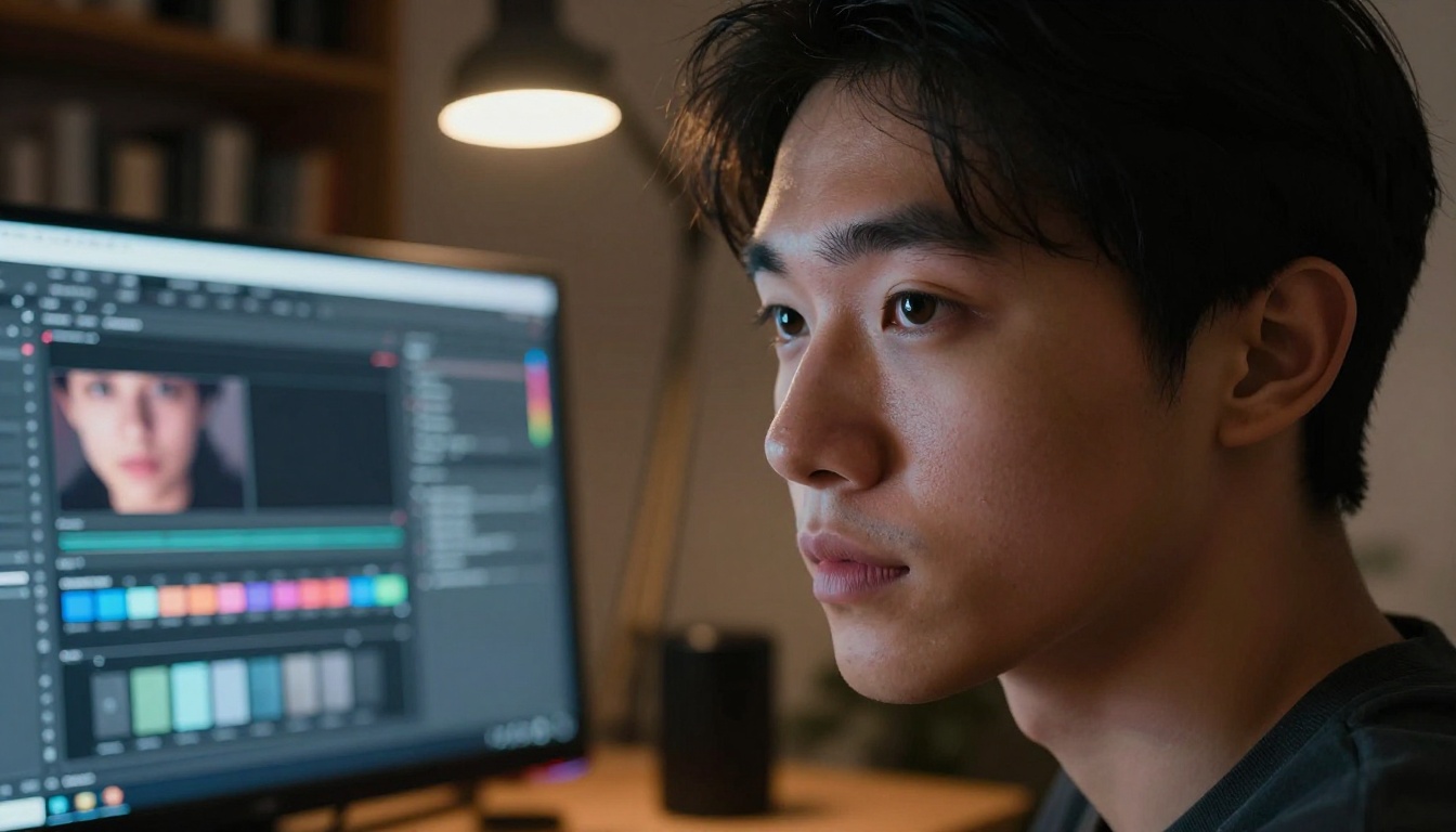 Focused creative professional working late at a monitor showing an AI image editor with a background removal tool active, screen light casting soft color on their face in a dark studio Focused creative professional working late at a monitor showing an AI image editor with a background removal tool active, screen light casting soft color on their face in a dark studio