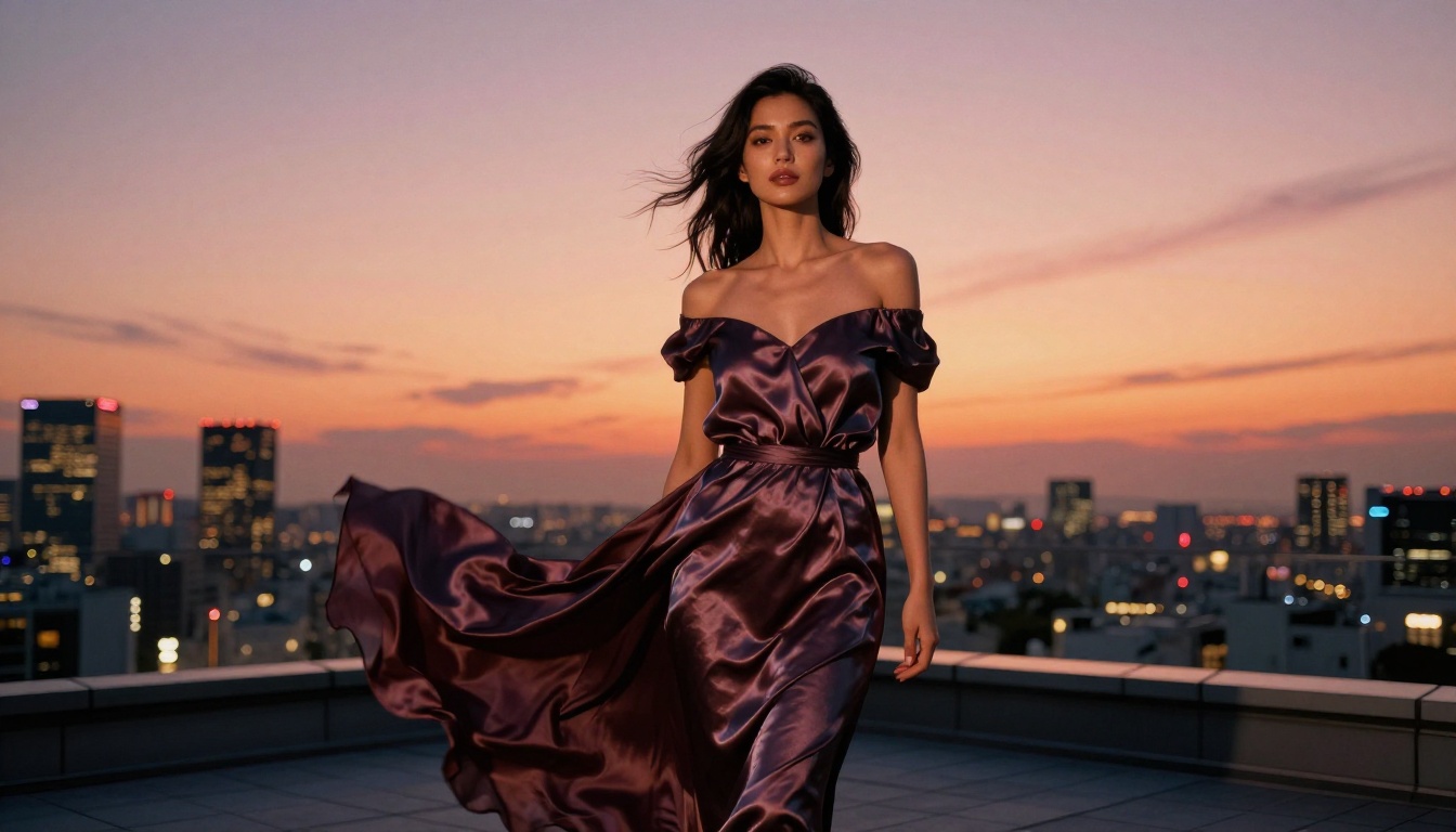 Stunning dark-haired woman on Tokyo rooftop at sunset, photorealistic 8K