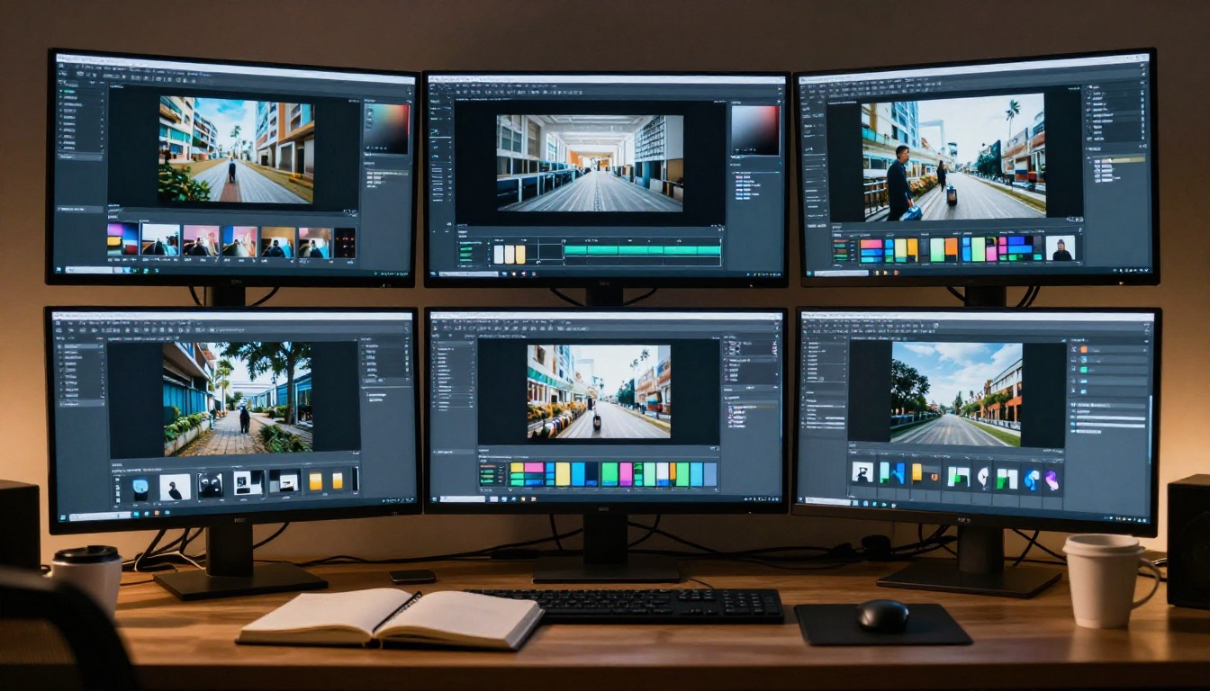 Multiple AI video generator screens in creative studio Multiple AI video generator screens in creative studio