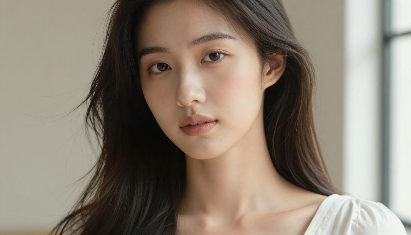 Close-up portrait of East Asian woman, hyper-detailed skin texture, photorealistic 8K