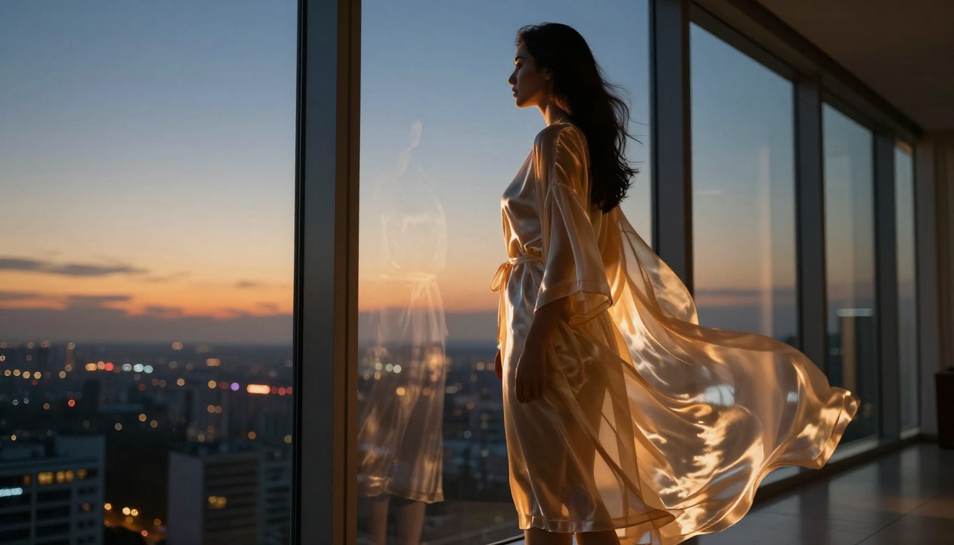 Woman in silk robe at penthouse window at dusk Woman in silk robe at penthouse window at dusk