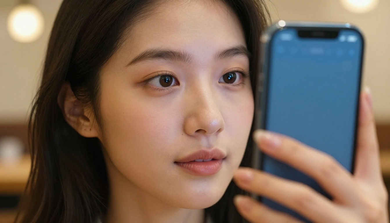 Close-up of woman checking AI video app on smartphone Close-up of woman checking AI video app on smartphone