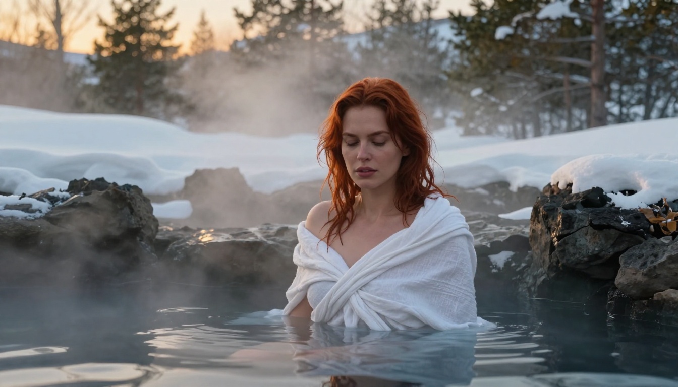 Beautiful auburn-haired woman in natural hot spring surrounded by snow, photorealistic 8K