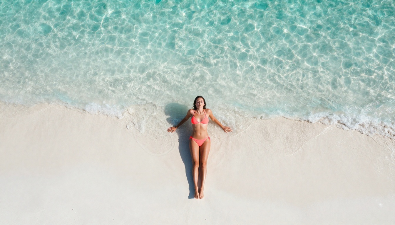 Aerial drone view of woman in coral bikini on tropical beach, photorealistic 8K