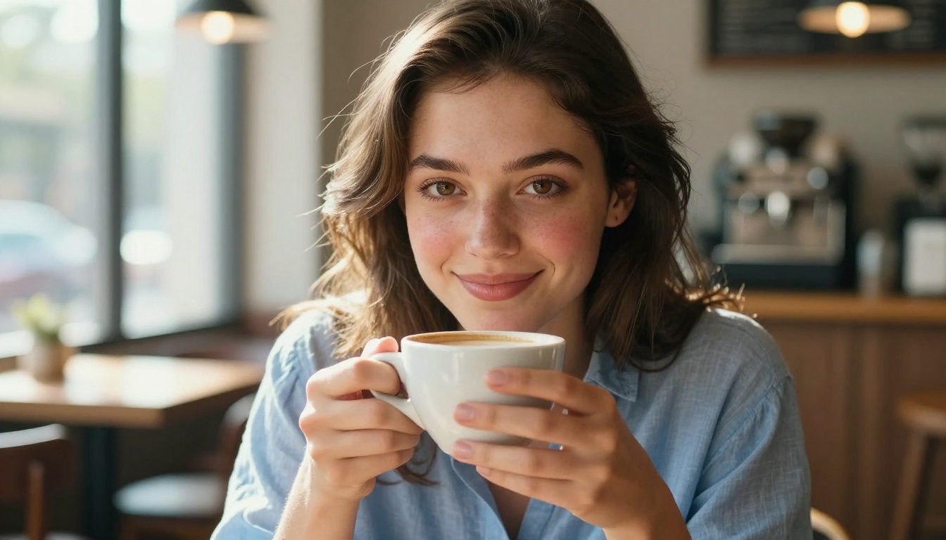 A beautiful woman in a cozy coffee shop, warm daylight, intimate portrait