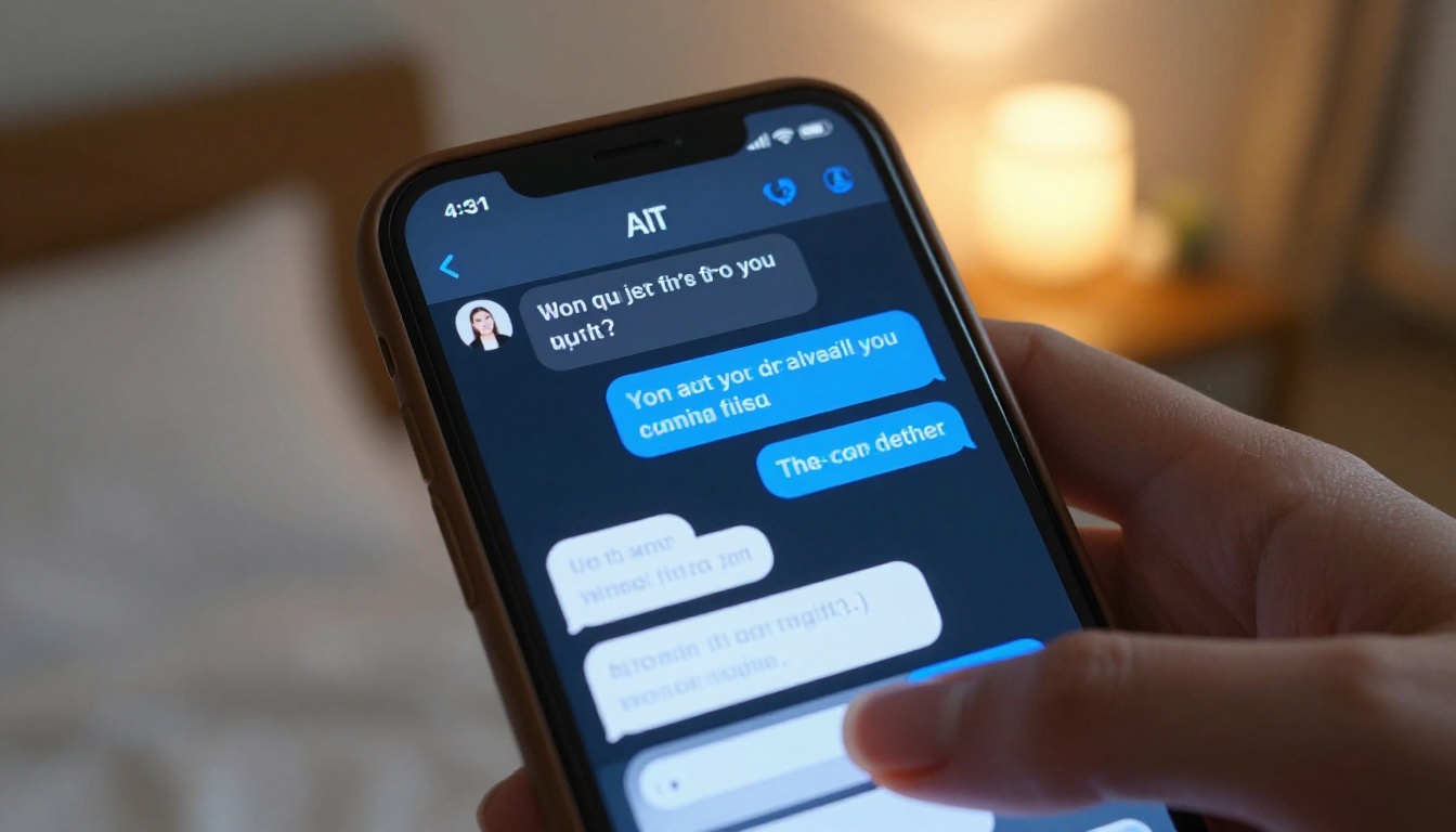 A smartphone showing an AI chat interface, warm bedside light, photorealistic