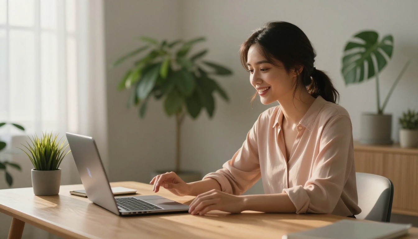 A woman speaking to a smart speaker at a minimalist home desk, afternoon light