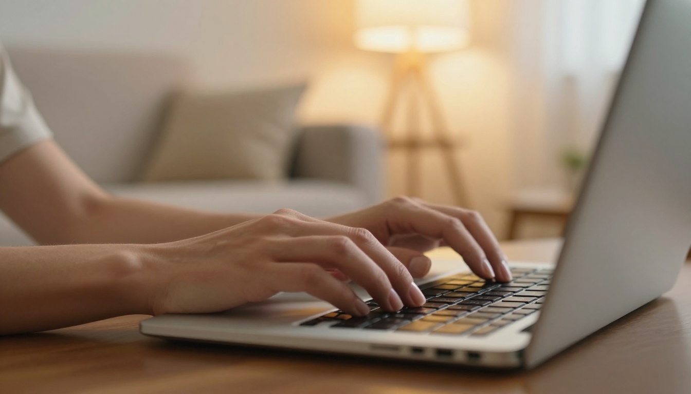 Close-up of hands typing on a laptop in a warm living room, bokeh background
