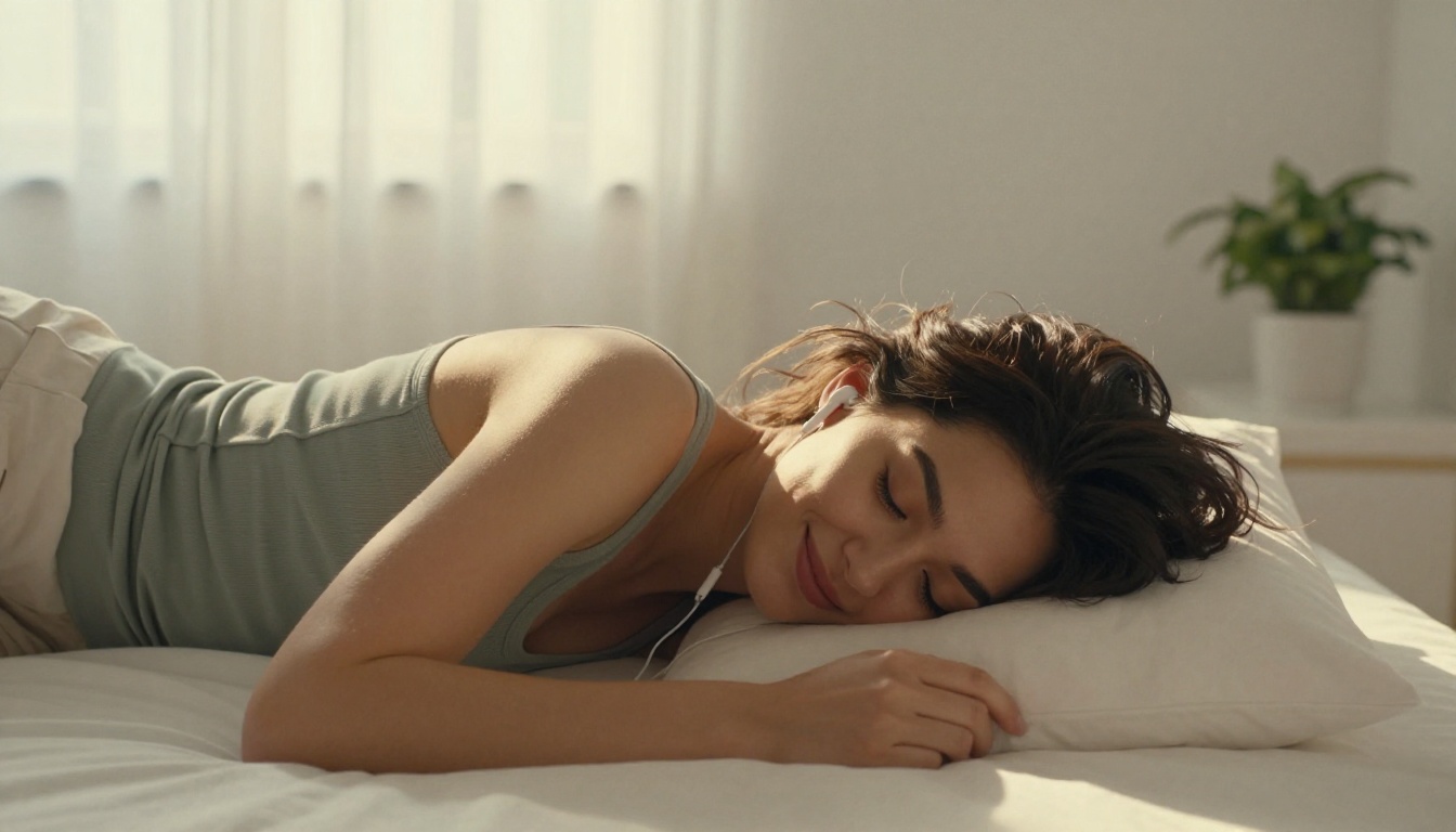 A young woman on her bed with wireless earbuds, soft afternoon light, serene