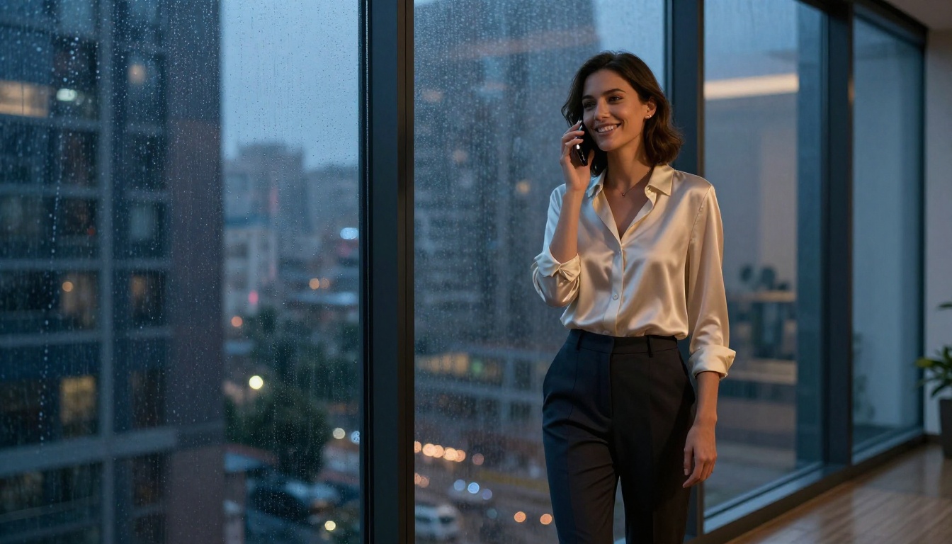 An attractive woman by a rain-streaked window at dusk, city lights bokeh, holding a phone