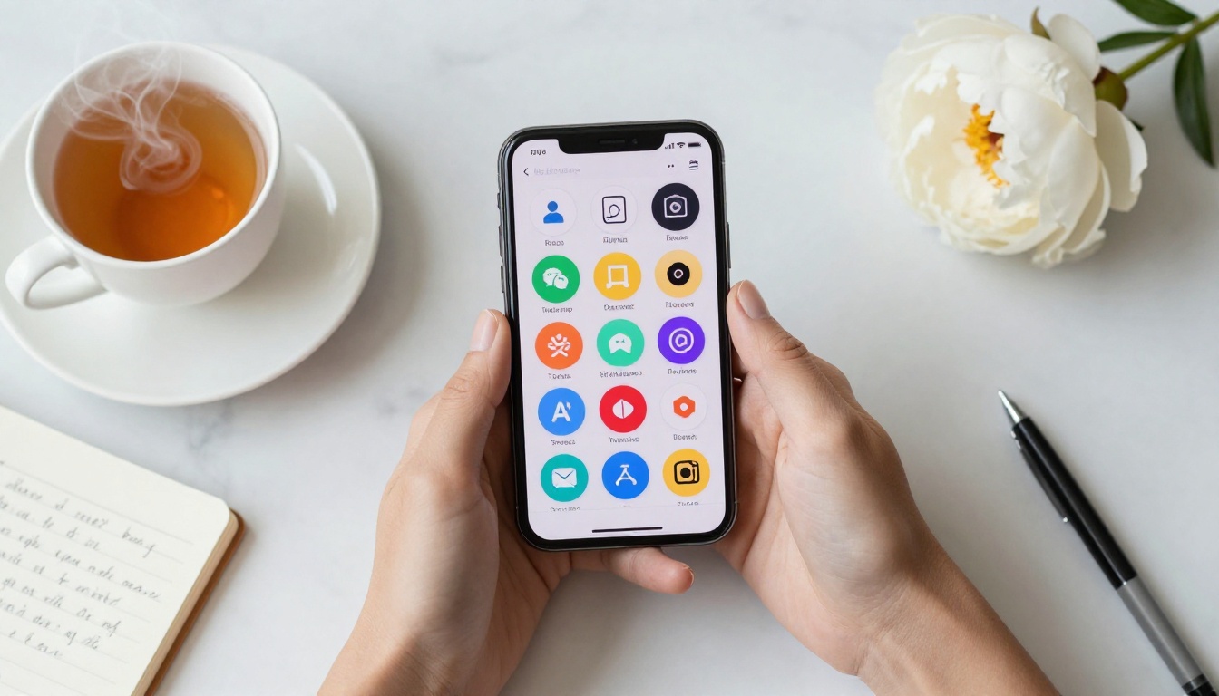 Overhead flatlay of a woman's hands holding a phone on marble, tea and notebook beside it