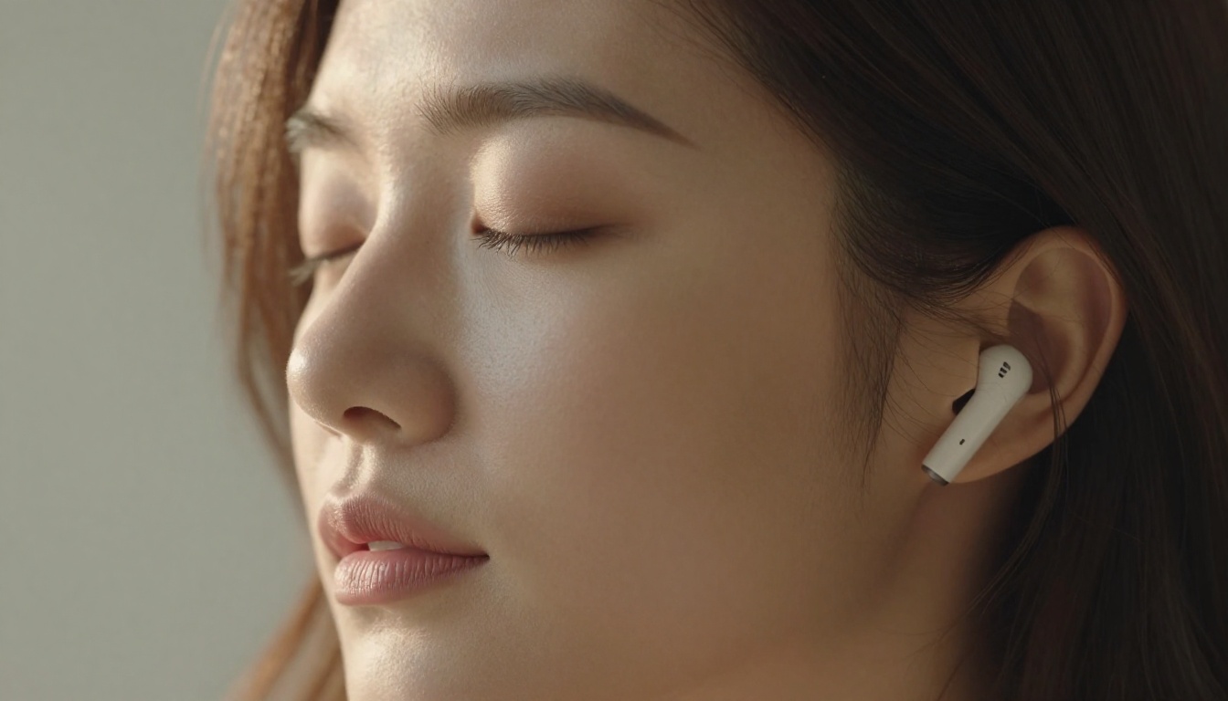 Close-up profile of a woman with an earbud, rim light on cheekbone, peaceful expression