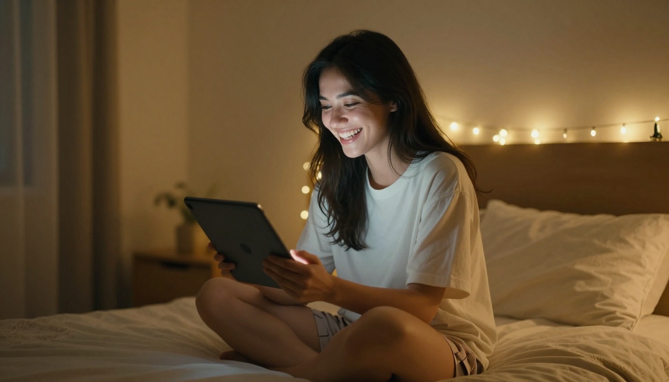 A woman laughing joyfully in a bedroom with fairy lights, looking at a tablet, warm night