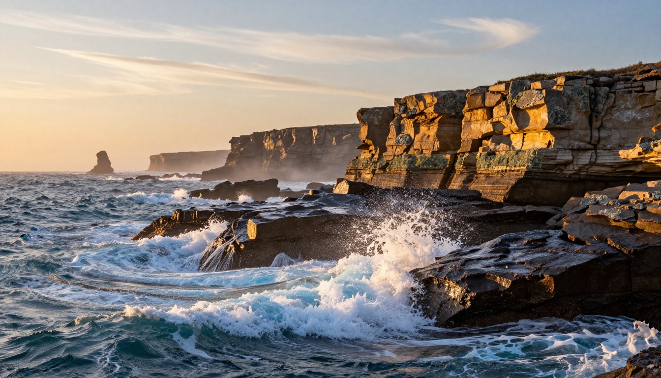 Coastal cliff landscape at golden hour photorealistic AI generation