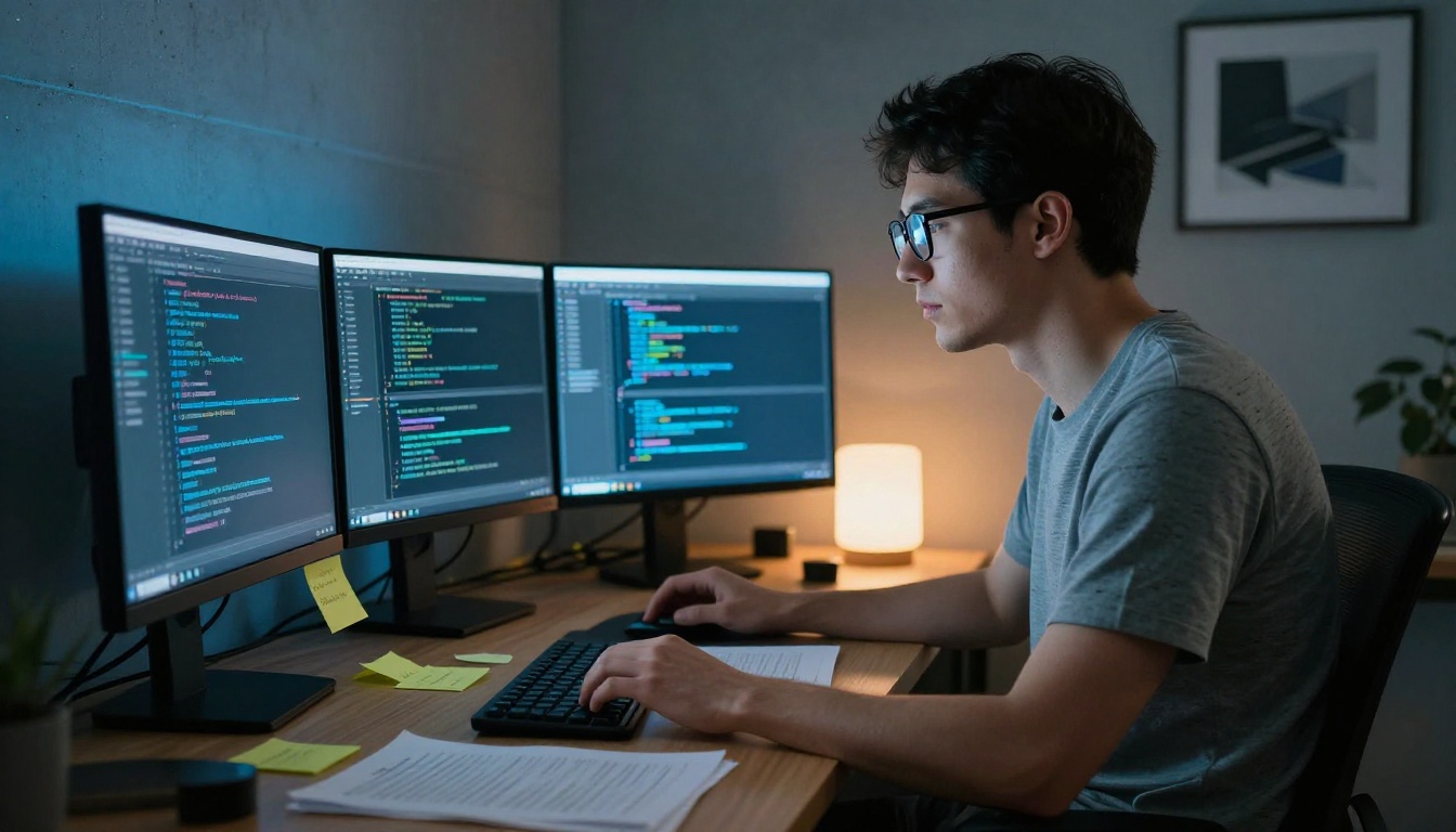 Male developer working at multiple monitors with code and AI parameters Male developer working at multiple monitors with code and AI parameters