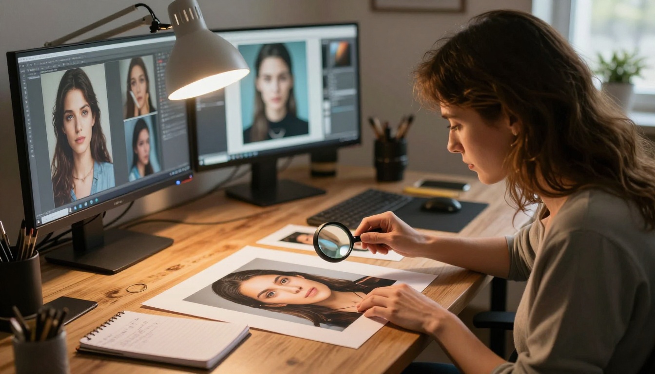 Creative professional reviewing AI-generated portraits on light table