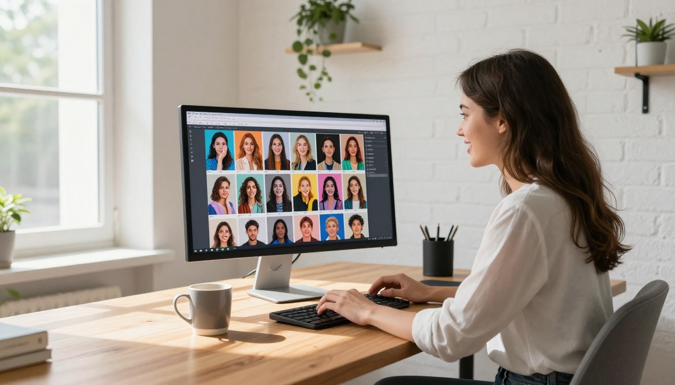 Young woman generating AI images discovering photo realism on PicassoIA