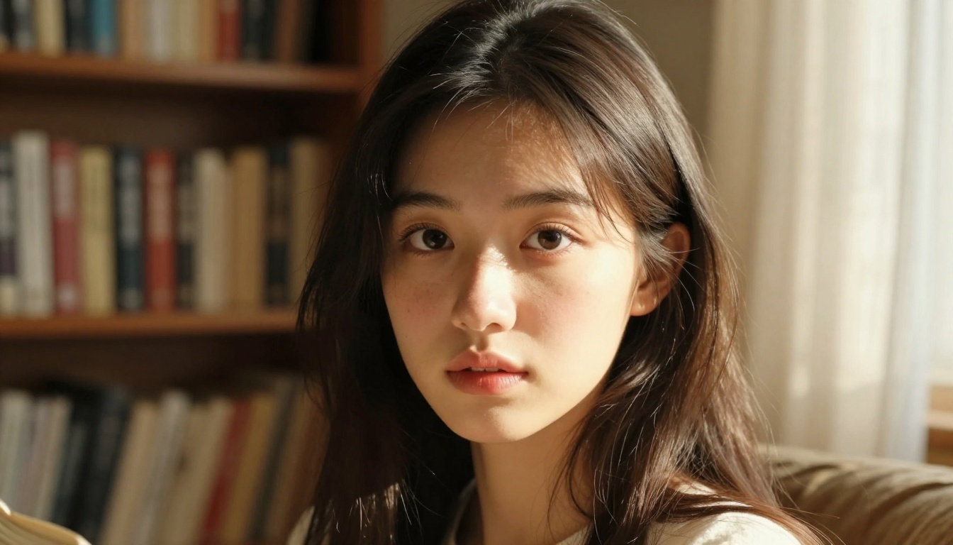 Photorealistic close-up portrait with luminous expressive eyes in a cozy reading room, afternoon golden light filtering through sheer curtains, Kodak Portra 400 film grain, 85mm lens