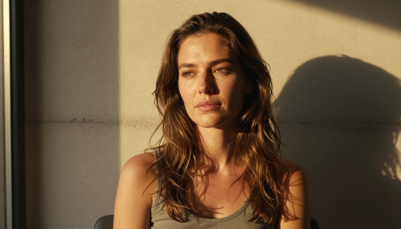 Confident woman with natural makeup in a modern Scandinavian apartment, golden hour sunlight through floor-to-ceiling windows, textured concrete wall, 50mm f/1.8, Kodak Portra 400